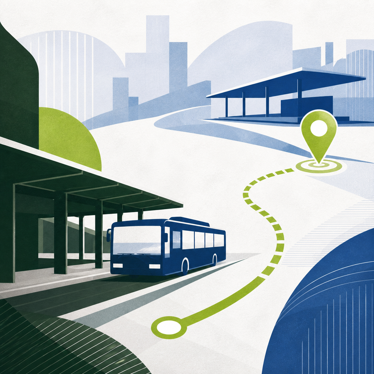 Uredniška ilustracija začasne avtobusne postaje v Ljubljani z avtobusom, nadstrešnicami in mestnim ozadjem.