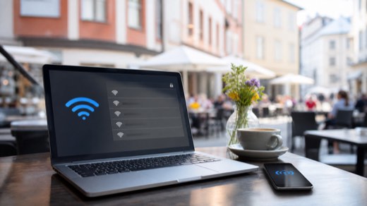 Ilustracija prenosnika in telefona ob javnem Wi-Fi omrežju v kavarni