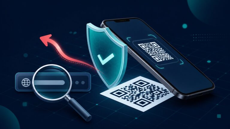 Uredniška ilustracija pametnega telefona, QR kode, zaščitnega ščita in povečave spletnega naslova