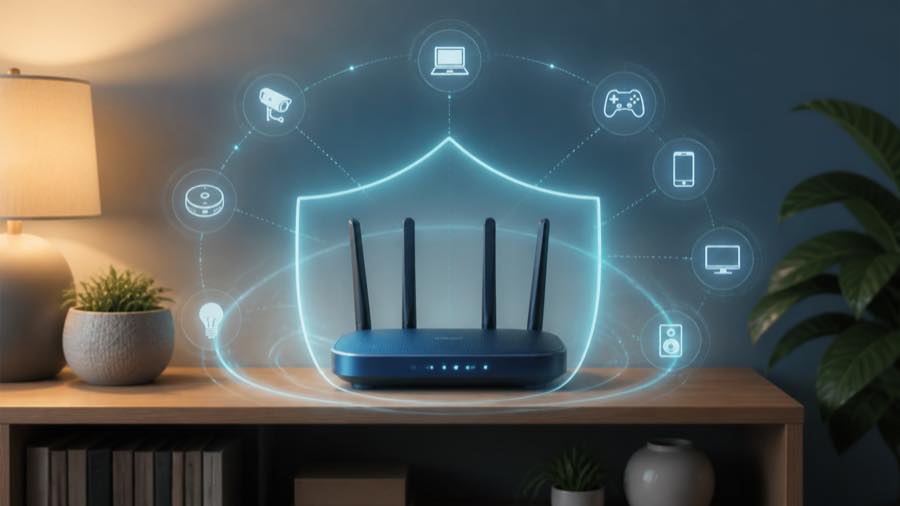 Ilustracija domačega Wi-Fi usmerjevalnika z zaščitnim ščitom in povezanimi napravami.