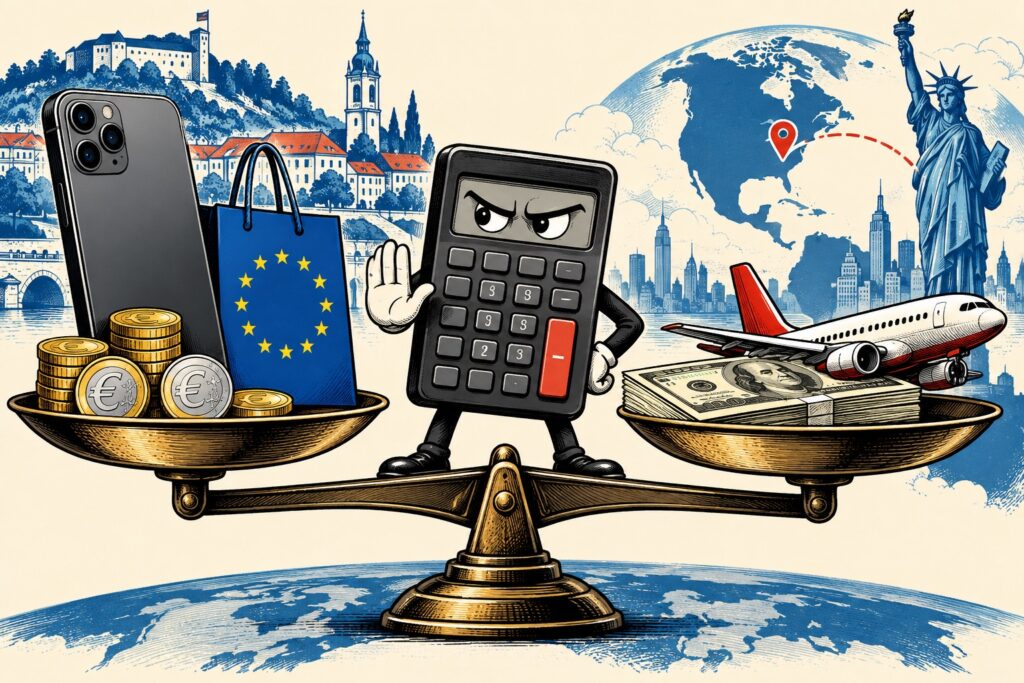 Hudomušna ilustracija primerjave cen telefona v Evropi in Ameriki z letalom, kovanci in kalkulatorjem