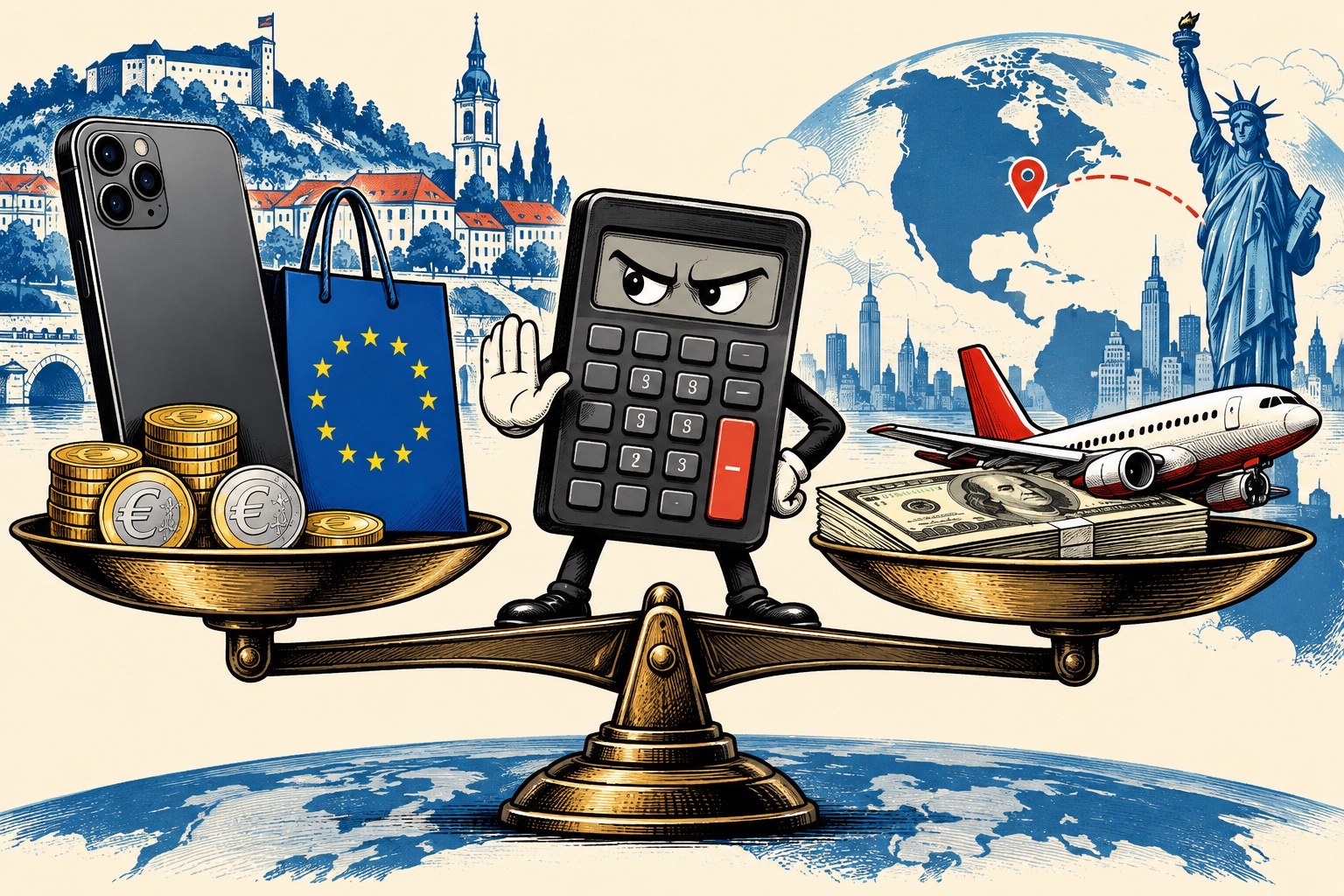 Hudomušna ilustracija primerjave cen telefona v Evropi in Ameriki z letalom, kovanci in kalkulatorjem