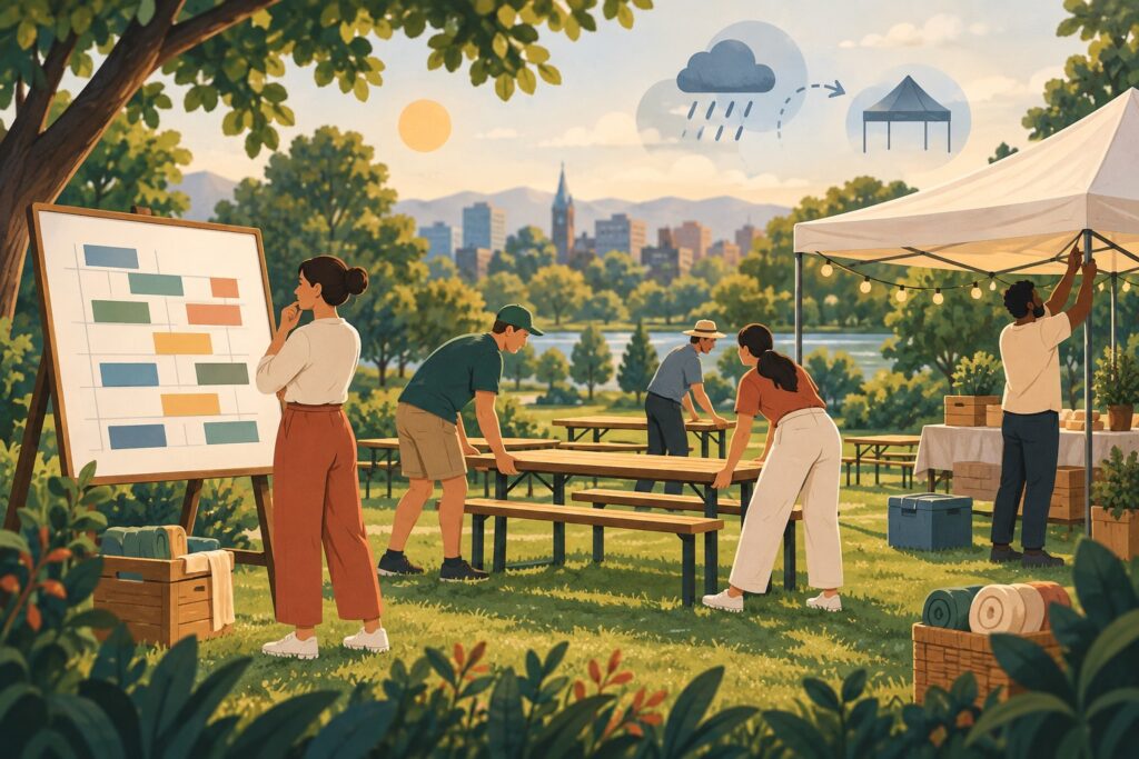 Ilustracija načrtovanja team buildinga na prostem s šotorom in urnikom