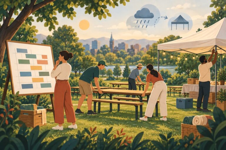 Ilustracija načrtovanja team buildinga na prostem s šotorom in urnikom