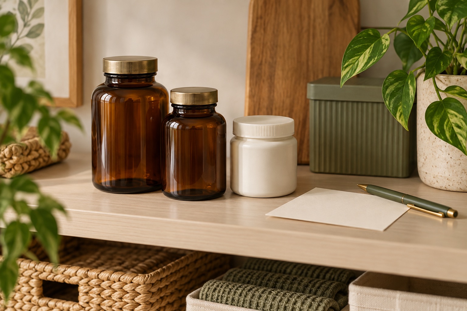 Uredniška ilustracija zaprtih neoznačenih stekleničk, praznega listka za datum in pisala na urejeni polici