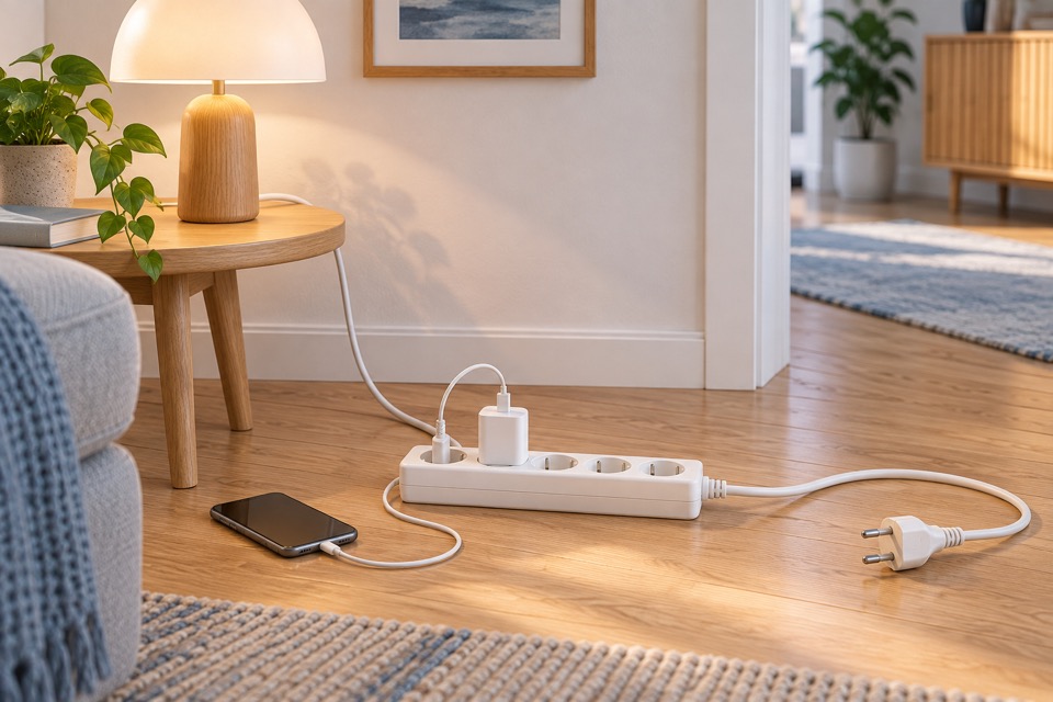 AI ilustracija varne uporabe električnega podaljška v urejenem domu